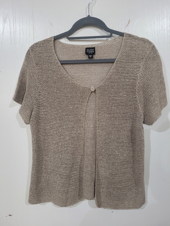 Eileen Fisher Sweaters - Eileen Fisher Taupe Short-Sleeve One Button Linen Blend Cardigan Size Petite Lar